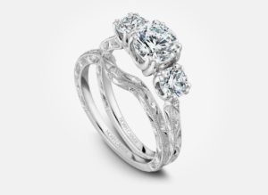 Noam Carver Engagement Ring with matching wedding band diamond trio with filigree