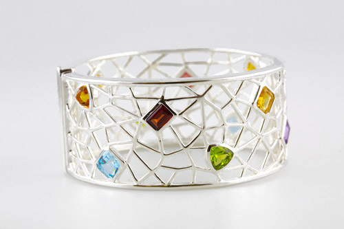 wide cuff bracelet in sliver with multicolor gems